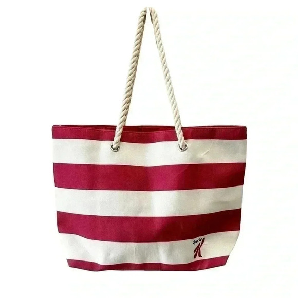 Oversized Canvas Tote Bag Rope Handle Beach Travel Carryall Red Cream Stripes - Picture 13 of 13